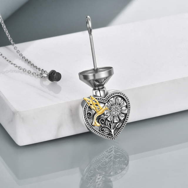 Sterling Silber zweifarbig Kolibri & Sonnenblume & Herz Urne Halskette für Asche-2