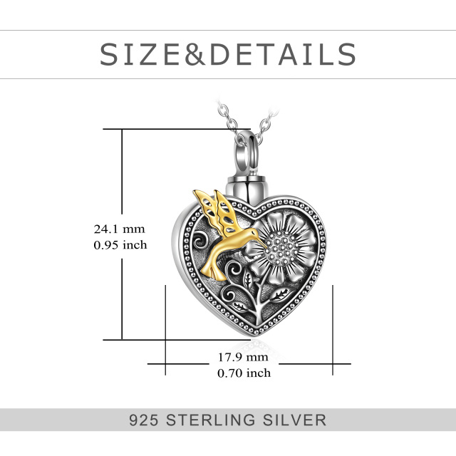 Sterling Silber zweifarbig Kolibri & Sonnenblume & Herz Urne Halskette für Asche-4