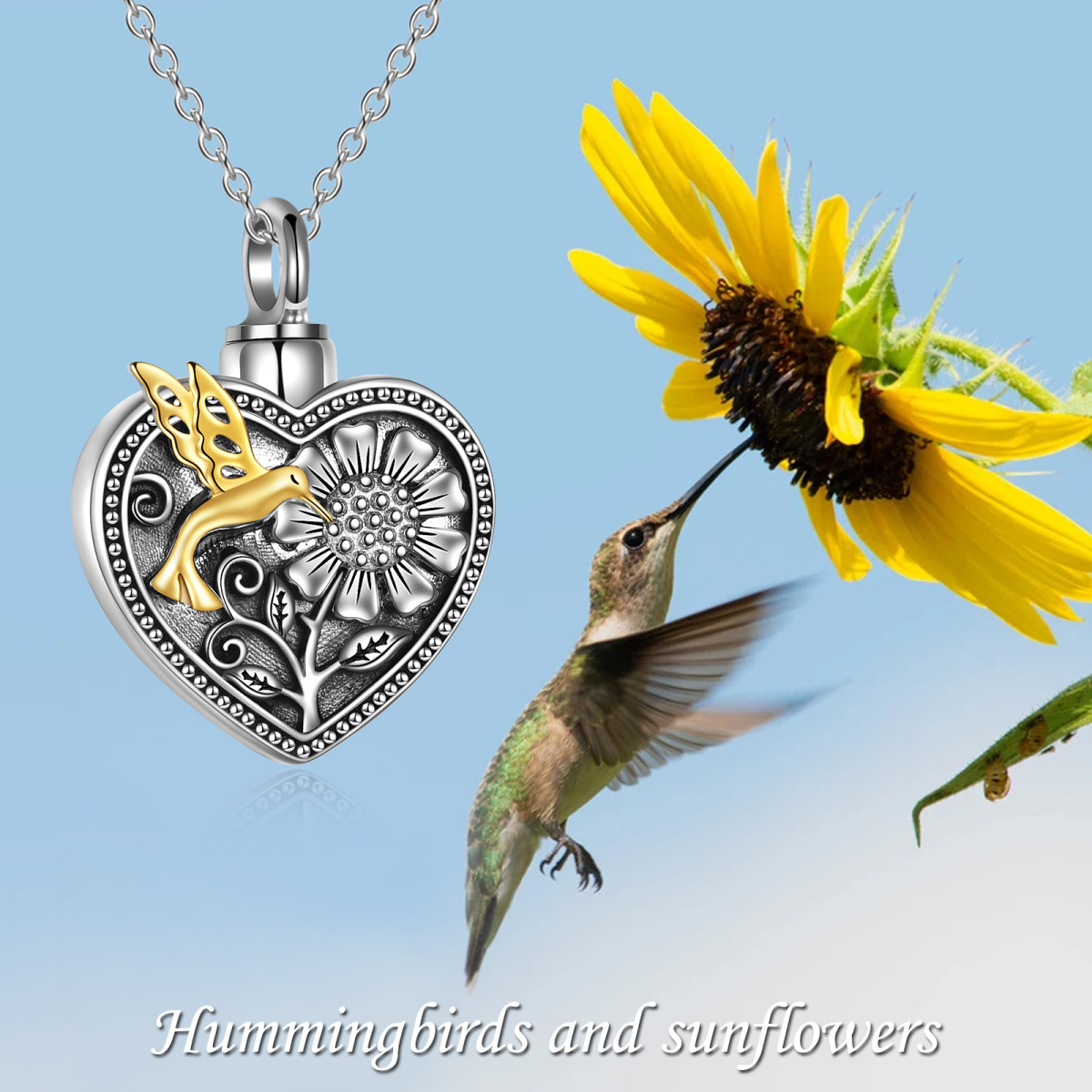 Sterling Silber zweifarbig Kolibri & Sonnenblume & Herz Urne Halskette für Asche-6