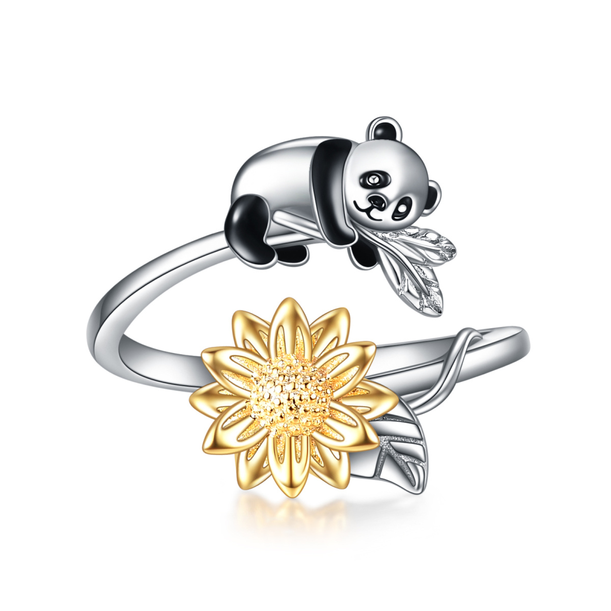 Sterling Silver Two-tone Panda Open Ring-1