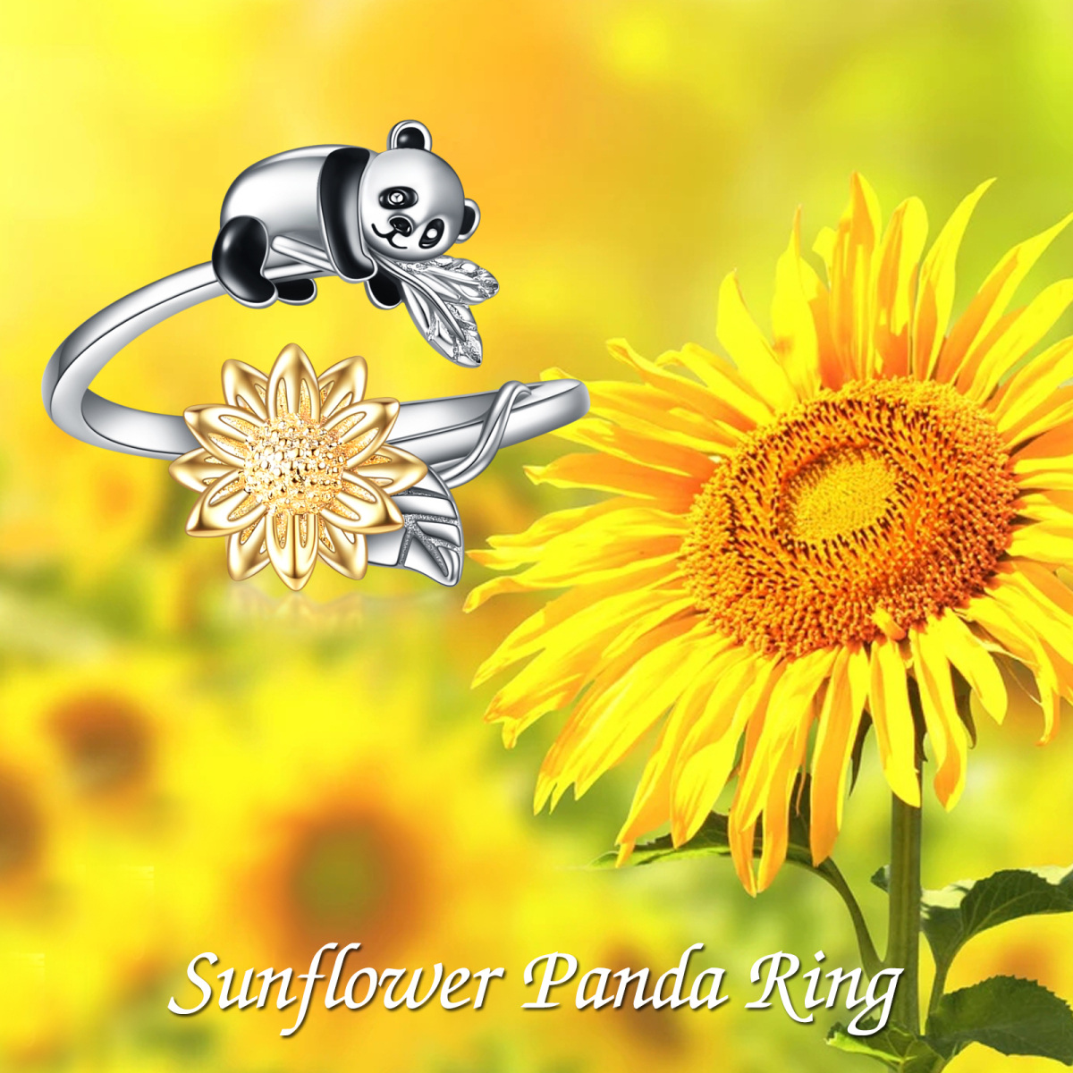 Sterling Silver Two-tone Panda Open Ring-7