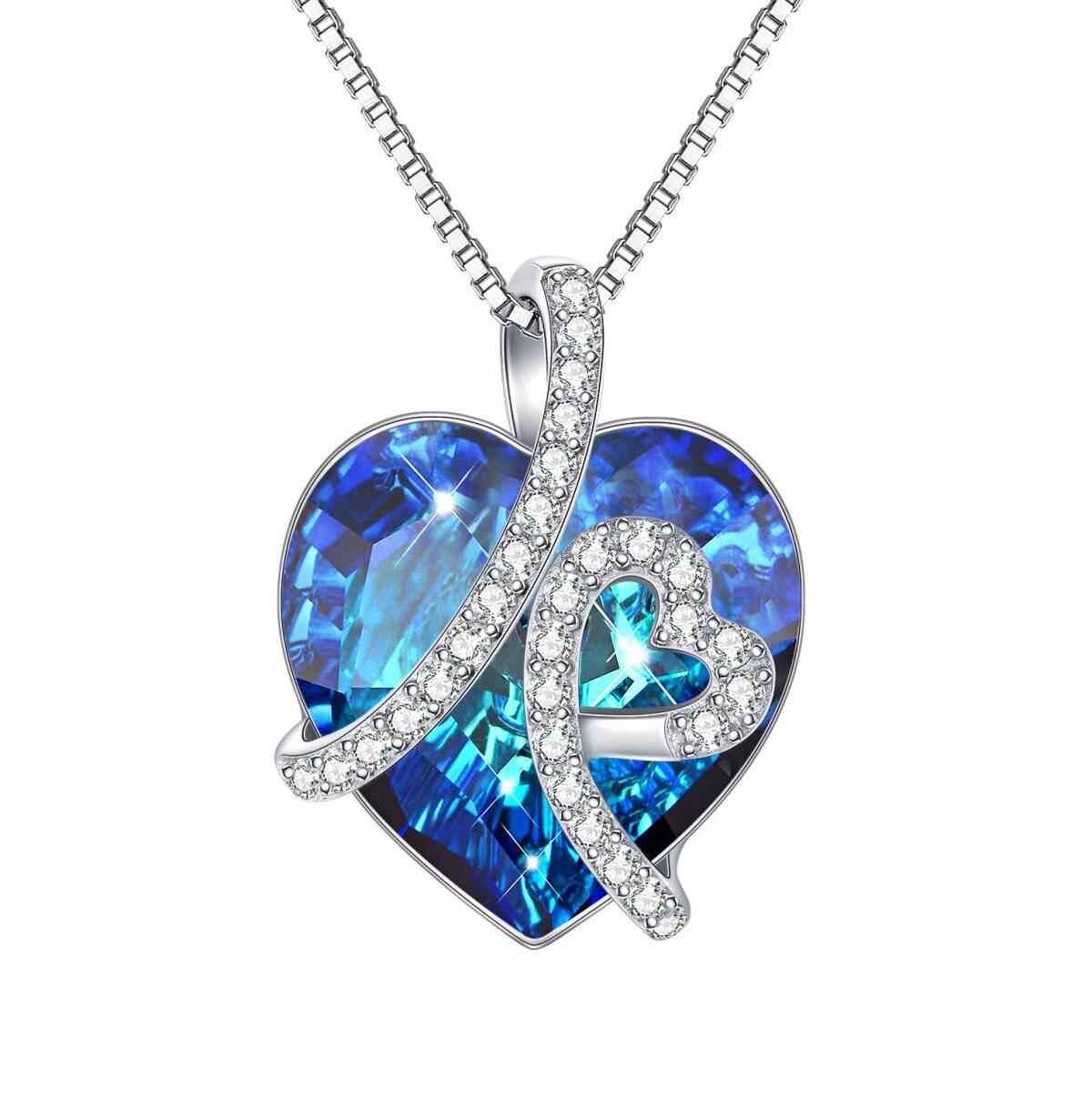 Sterling Silber Herzförmiger Blauer Kristall Herz Anhänger Halskette mit Box Kette-1