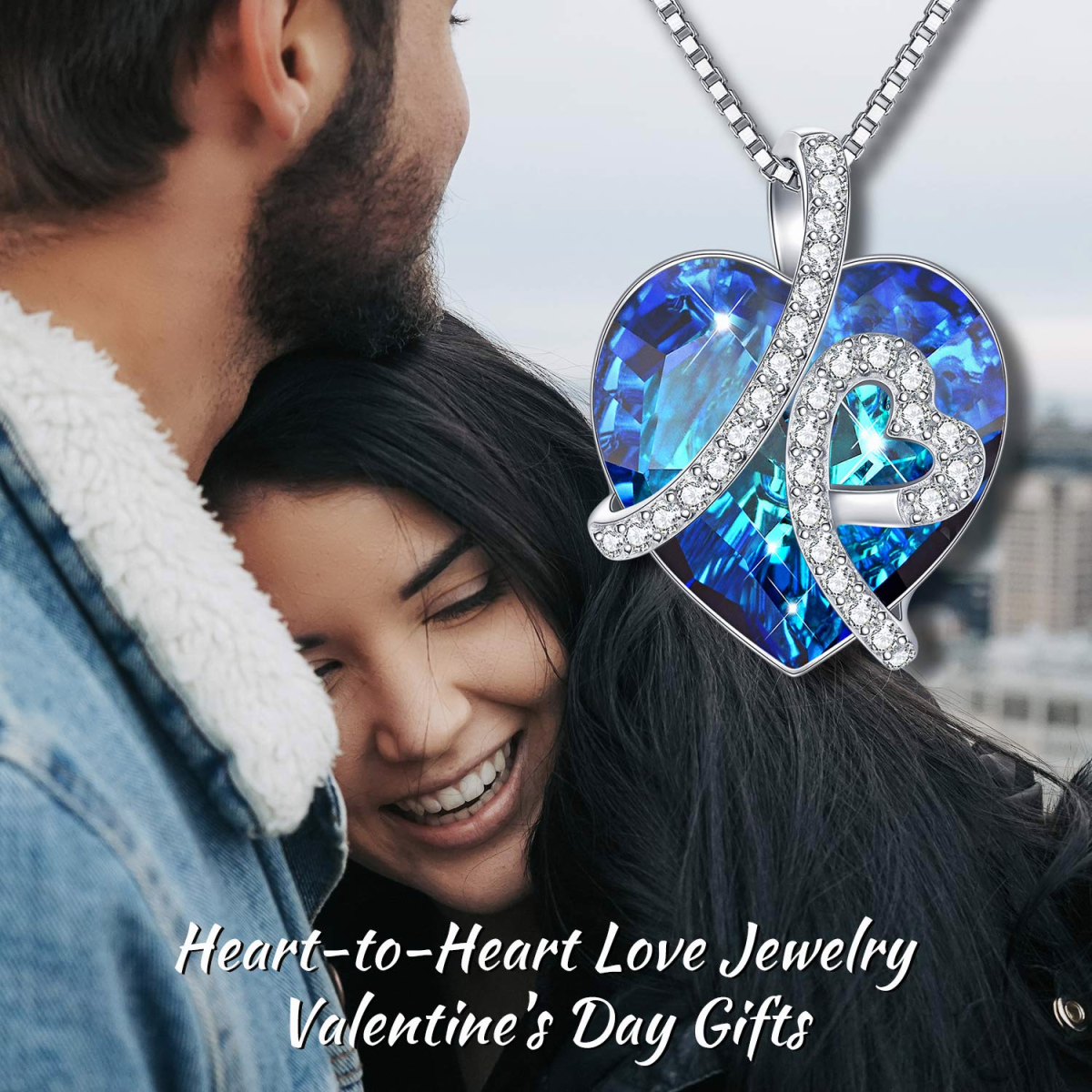 Sterling Silber Herzförmiger Blauer Kristall Herz Anhänger Halskette mit Box Kette-3