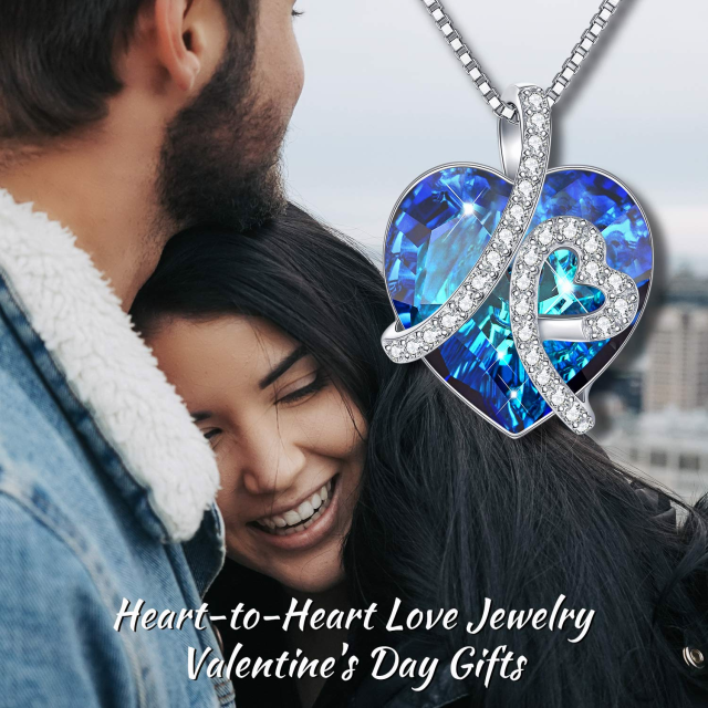 Sterling Silver Heart Shaped Blue Crystal Heart Pendant Necklace with Box Chain-2