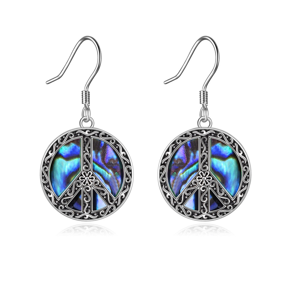 Sterling Silver Abalone Shellfish Peace Symbol Drop Earrings-1