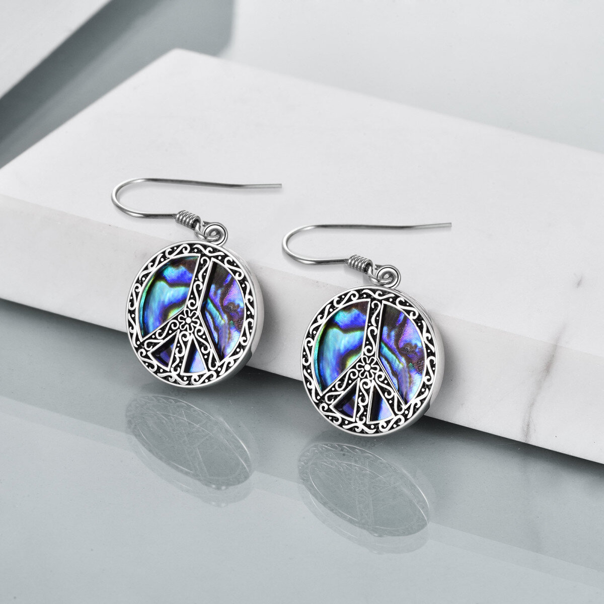 Sterling Silver Abalone Shellfish Peace Symbol Drop Earrings-4