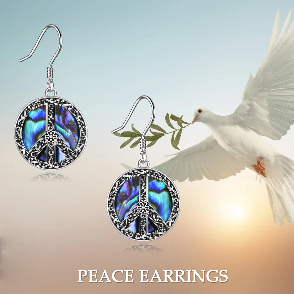 Sterling Silver Abalone Shellfish Peace Symbol Drop Earrings-3