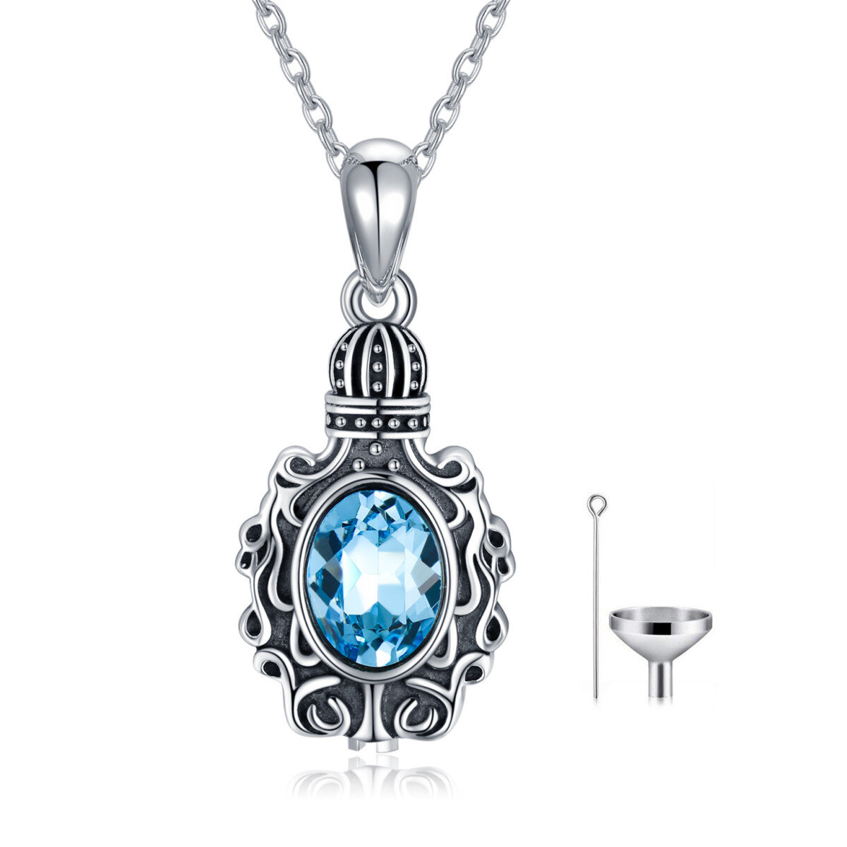 Sterling Silver Oval Shaped Crystal Castle Urn Necklace for Ashes-1