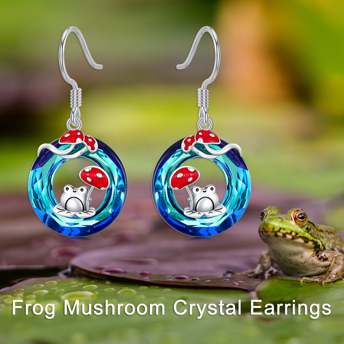 Boucles d'oreilles pendantes en argent sterling avec grenouille et champignon en cristal r-6