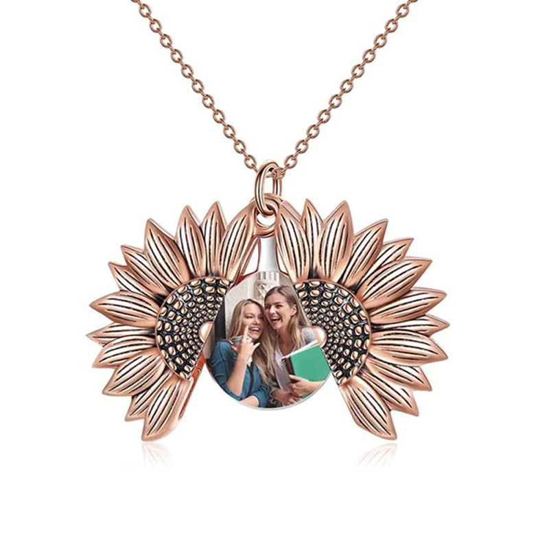 Sterling Silver Two-tone Sunflower & Personalized Photo Personalized Photo Locket Necklace with Engraved Word
