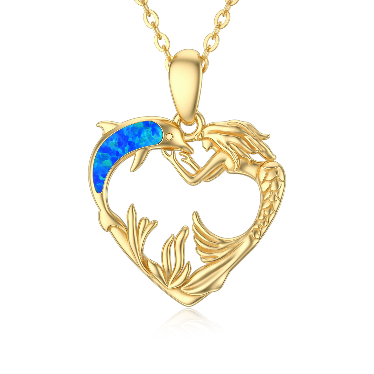 14K Gold Opal Dolphin & Heart & Mermaid Pendant Necklace-1