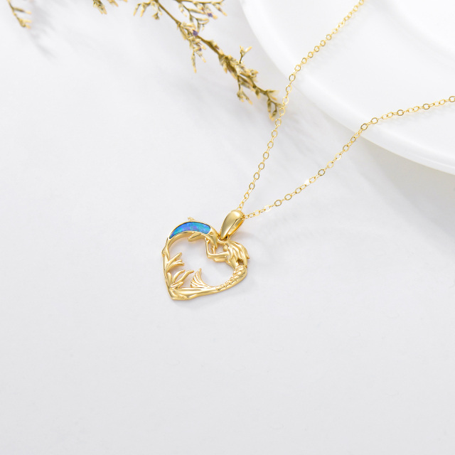 14K Gold Opal Dolphin & Heart & Mermaid Pendant Necklace-2