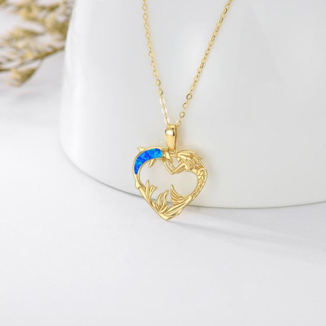 14K Gold Opal Dolphin & Heart & Mermaid Pendant Necklace-3