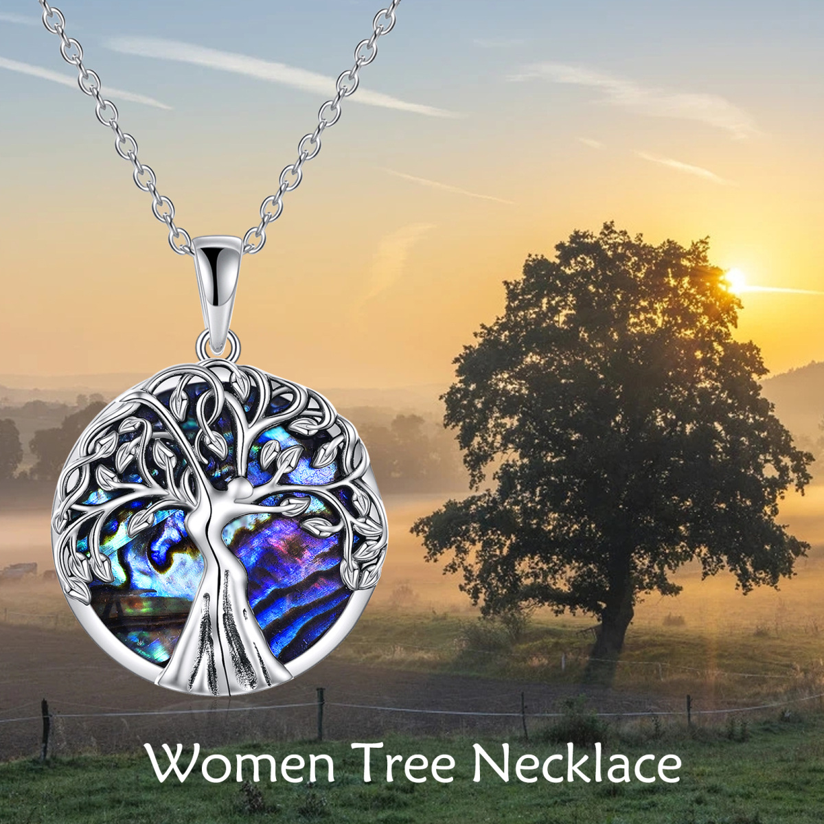 Sterling Silver Abalone Shellfish Tree Of Life Pendant Necklace-6