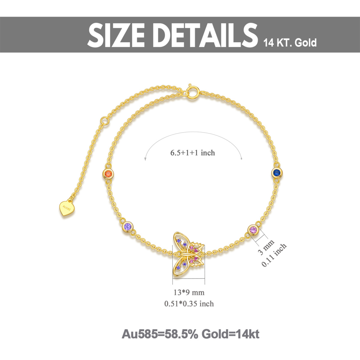 14K Gold Cubic Zirkonia Schmetterling Anhänger Armband-5