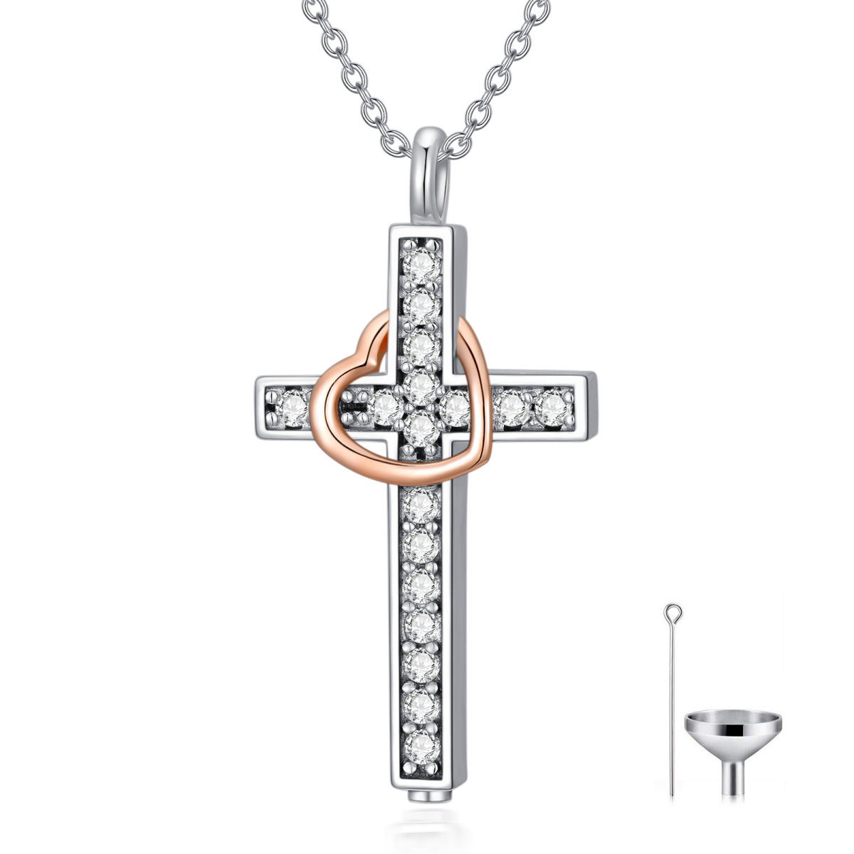 Sterling Silver Two-tone Circular Shaped Cubic Zirconia Cross & Heart Urn Necklace for Ashes with Engraved Word-1
