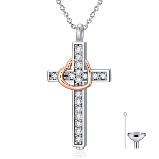 Sterling Silver Two-tone Circular Shaped Cubic Zirconia Cross & Heart Urn Necklace for Ashes with Engraved Word-3