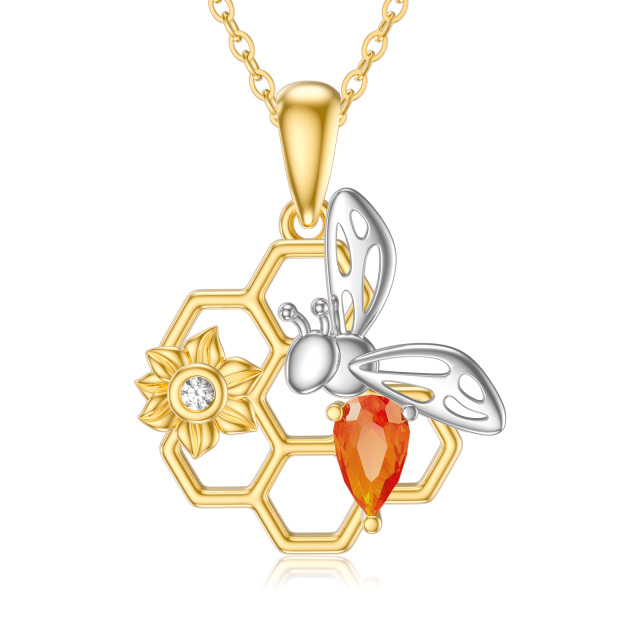 14K White Gold & Yellow Gold Cubic Zirconia Bee & Sunflower & Honeycomb Pendant Necklace-1