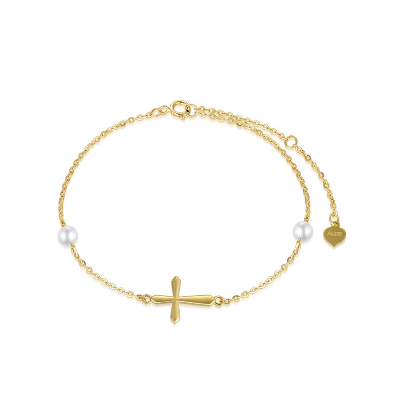 14K Gold Circular Shaped Pearl Cross Pendant Bracelet-1
