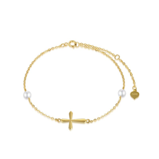 14K Gold Circular Shaped Pearl Cross Pendant Bracelet-5