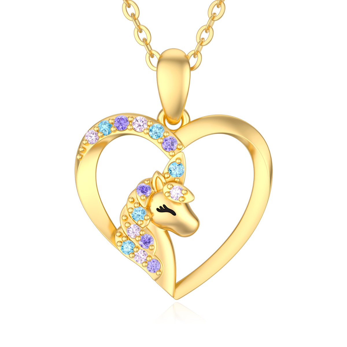 14K Gold kreisförmig Cubic Zirkonia Einhorn Anhänger Halskette-1