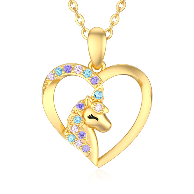 14K Gold Circular Shaped Cubic Zirconia Unicorn Pendant Necklace-0