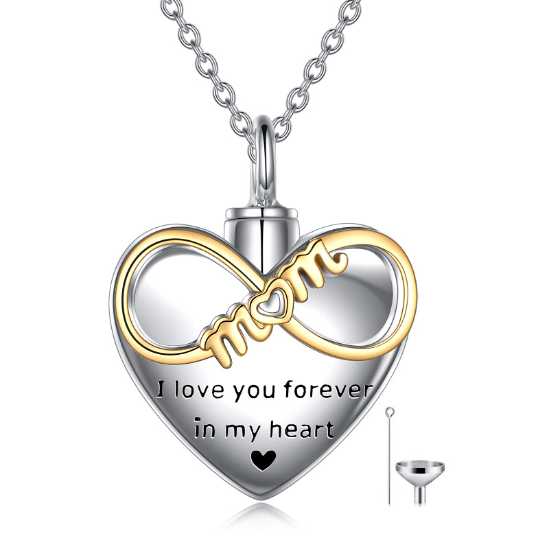 Sterling Silver Two-tone Heart & Infinity Symbol Urn Necklace for Ashes with Engraved Word