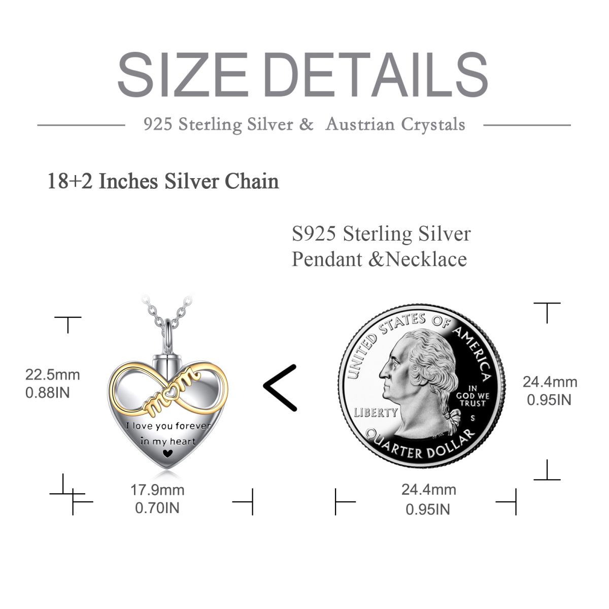 Sterling Silver Two-tone Heart & Infinity Symbol Urn Necklace for Ashes with Engraved Word-6