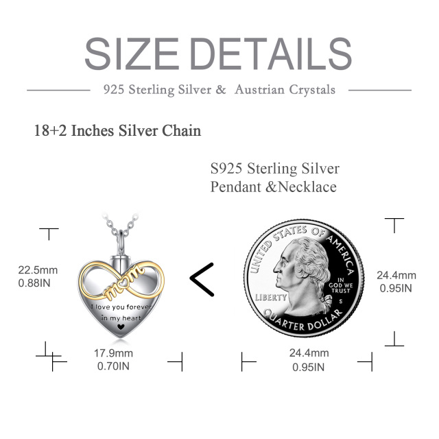 Colar de prata esterlina com dois tons de coração e símbolo do infinito com palavra gravad-5