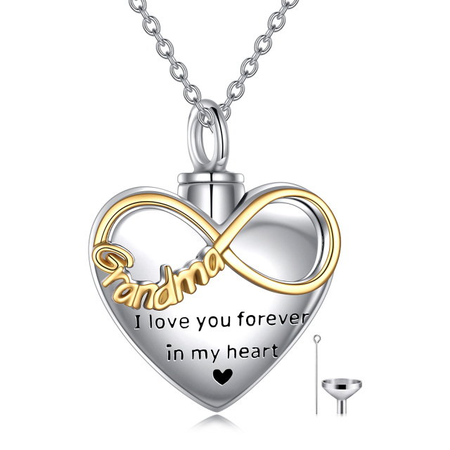 Sterling Silver Two-tone Heart & Infinity Symbol Urn Necklace for Ashes with Engraved Word-1