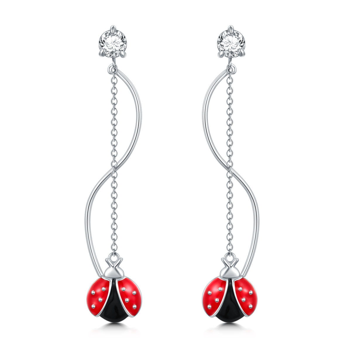 Sterling Silver Round Cubic Zirconia Ladybug Drop Earrings-1