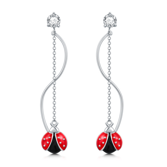 Sterling Silver Round Cubic Zirconia Ladybug Drop Earrings-0