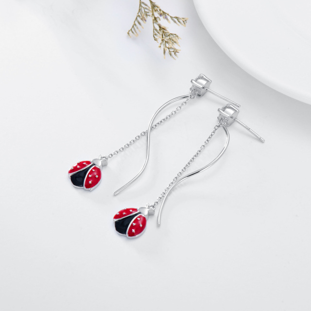 Sterling Silver Round Cubic Zirconia Ladybug Drop Earrings-2