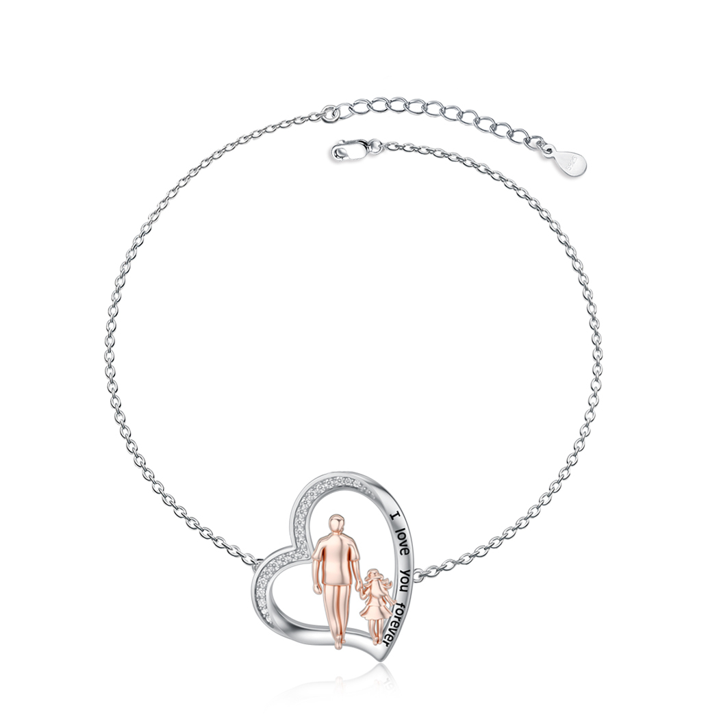 Bracelet en argent sterling bicolore avec pendentif en forme de coeur en zircon cubique pour père et fille avec mot gravé-1