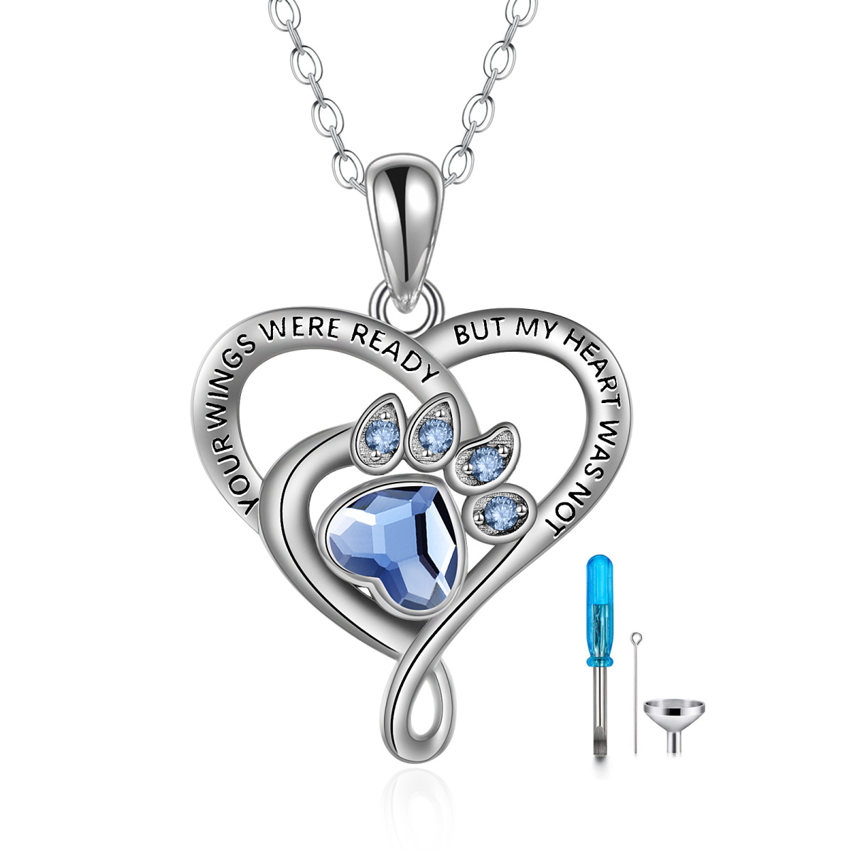 Sterling Silver Crystal Paw & Heart Urn Necklace for Ashes with Engraved Word-1