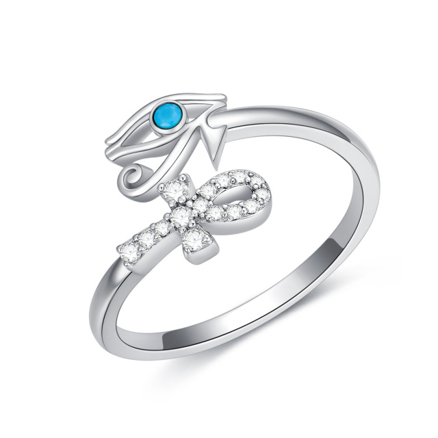Sterling Silver Round Turquoise Eye Of Horus Open Ring-0