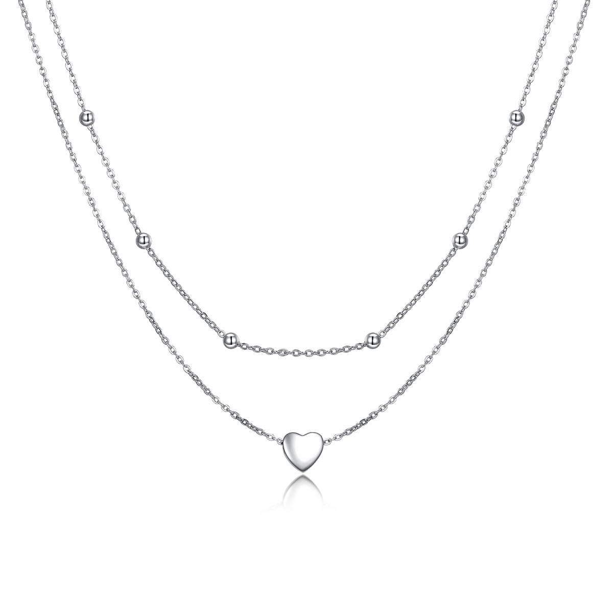 Sterling Silver Heart Bead 2 Layered Necklace with Bead Station Chain-1