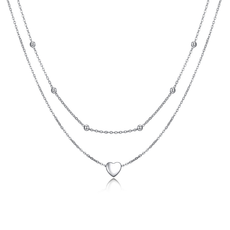Sterling Silver Heart Bead 2 Layered Necklace with Bead Station Chain