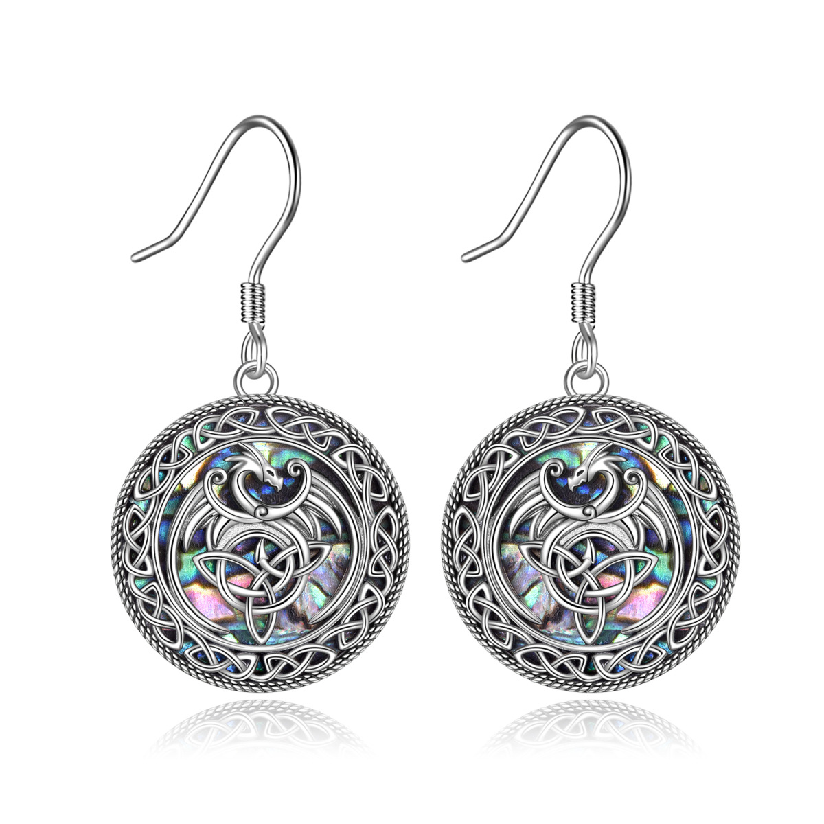 Sterling Silver Abalone Shellfish Phoenix & Celtic Knot Drop Earrings-1