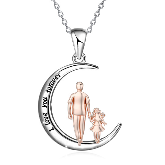 10K Silver & Rose Gold Father & Daughter & Moon Pendant Necklace with Engraved Word