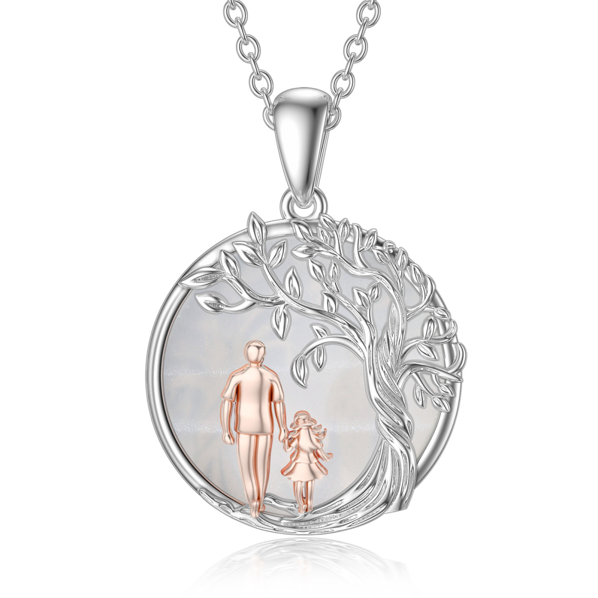 Sterling Silver Two-tone Moonstone Tree Of Life Father & Daughter Pendant Necklace-1