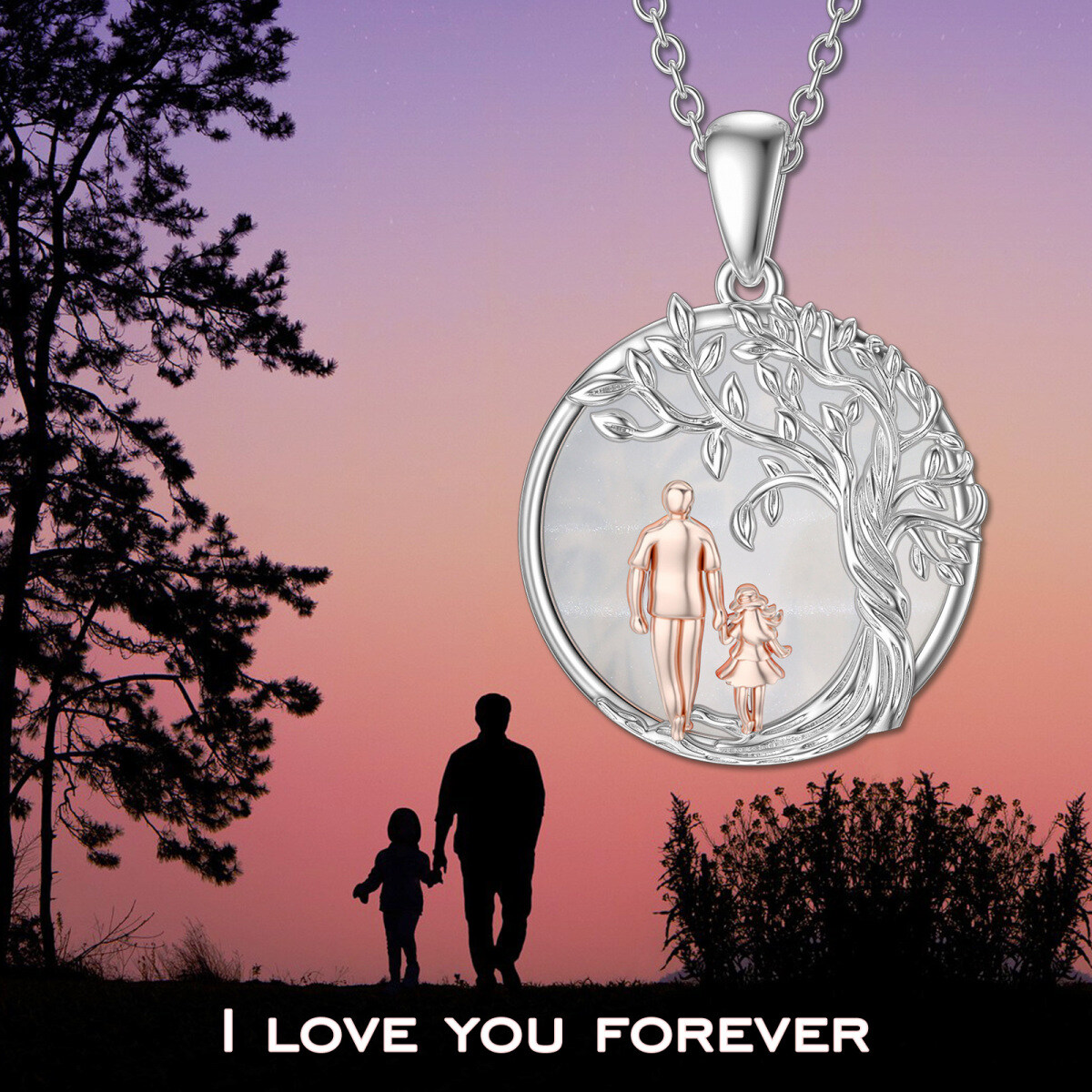 Sterling Silver Two-tone Moonstone Tree Of Life Father & Daughter Pendant Necklace-6