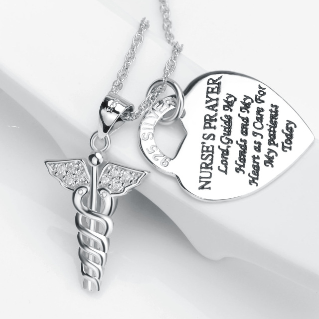 Sterling Silver Zircon Caduceus & Heart Pendant Necklace with Engraved Word-3