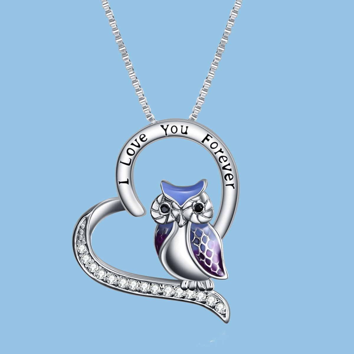 Sterling Silver Zircon Owl & Heart Pendant Necklace with Engraved Word-8