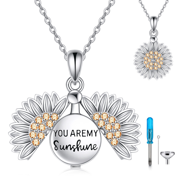 Sterling Silver Cubic Zirconia Sunflower Urn Necklace for Ashes with Engraved Word