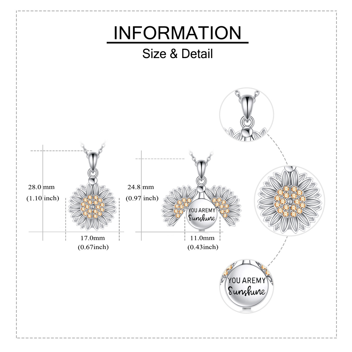 Sterling Silber Cubic Zirkonia Sonnenblume Urne Halskette mit eingraviertem Wort-6