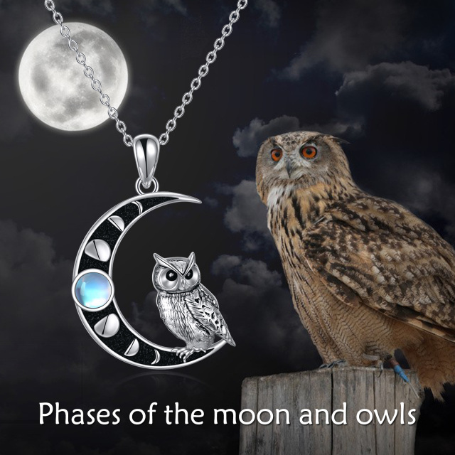 Sterling Silver Round Moonstone Owl & Moon Pendant Necklace-2