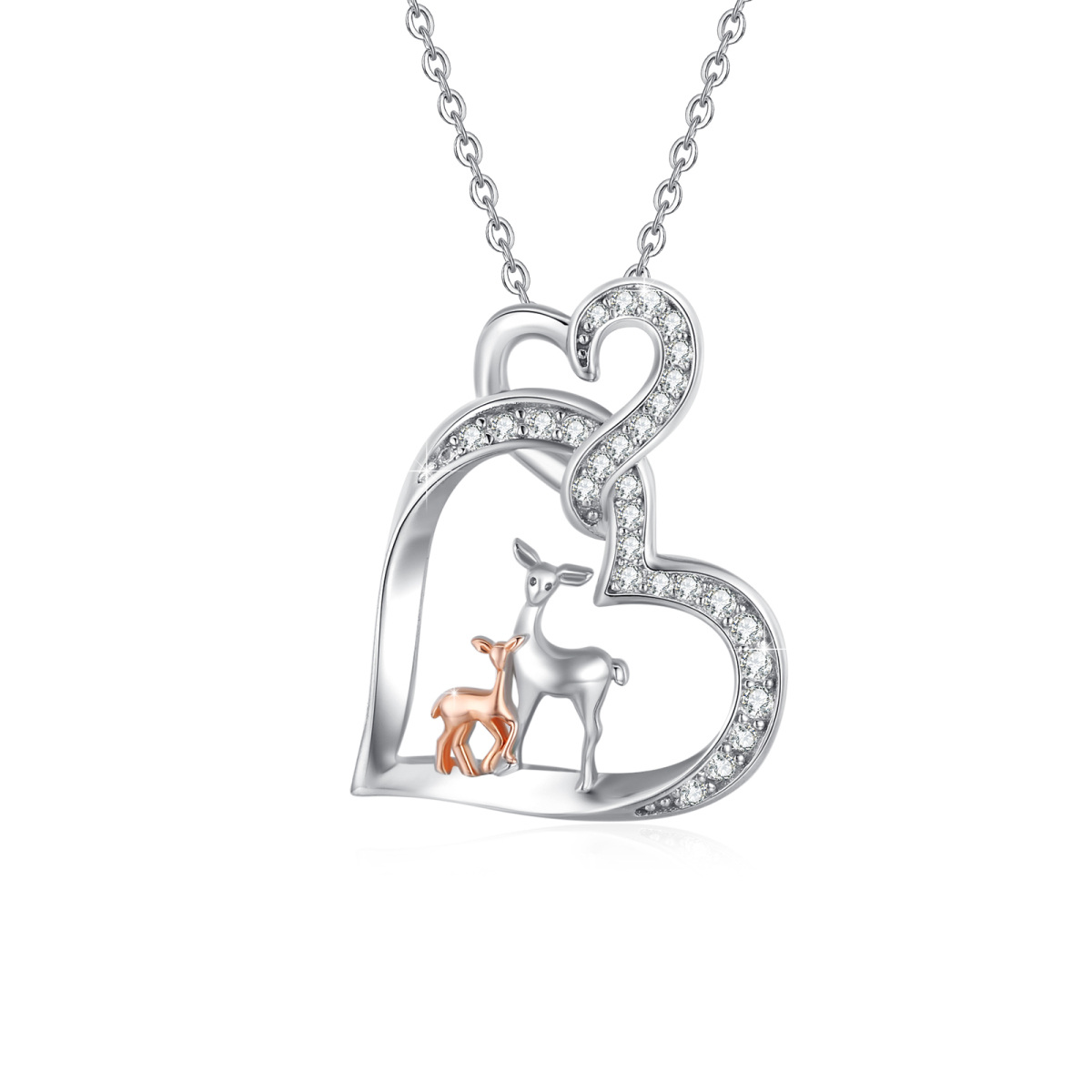 Sterling Silver Two-tone Cubic Zirconia Giraffe & Heart With Heart Pendant Necklace-1