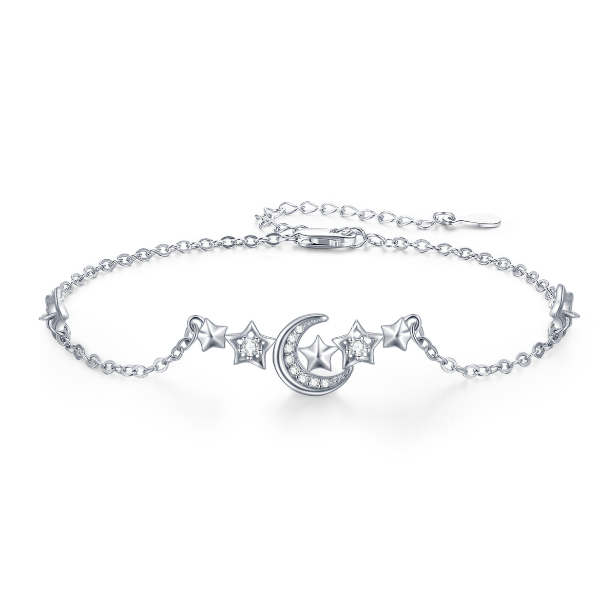 Sterling Silver Cubic Zirconia Moon & Star Pendant Bracelet-1