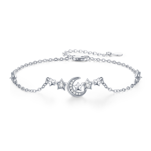 Sterling Silver Cubic Zirconia Moon & Star Pendant Bracelet-3